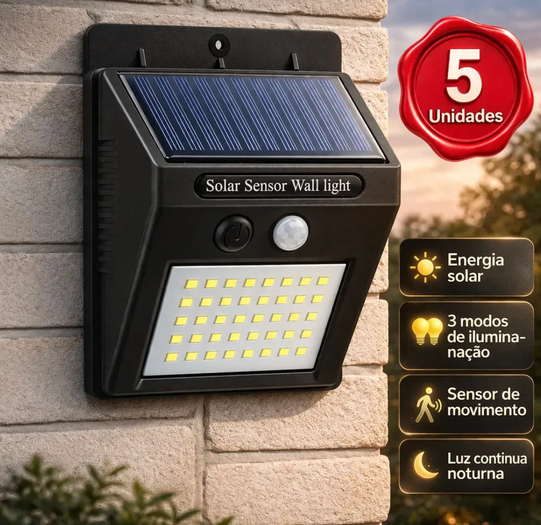 Kit 5 Luminária Solar 30 Led's Arandela Prova D'água Com Sensor de Presença